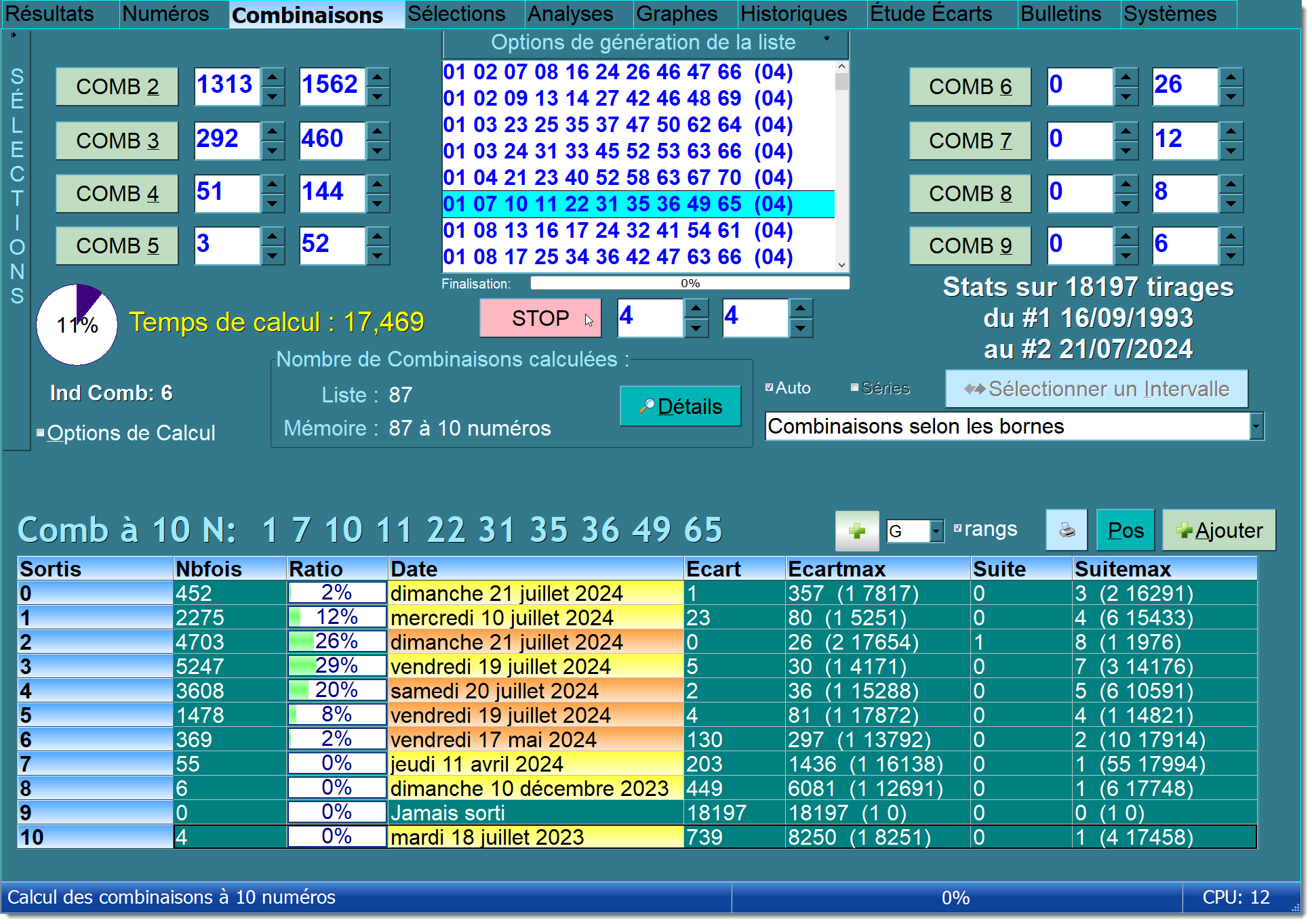 Keno Expert Evolution X Onglet Combinaisons